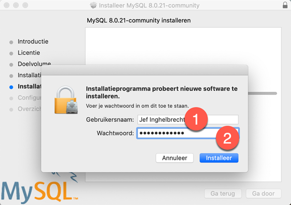 macOS MySQL Community Server Installatie dialoogvenster paswoord